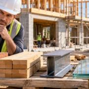 Site professional compares concrete block, brick, timber, steel, glass and stone at a building site.