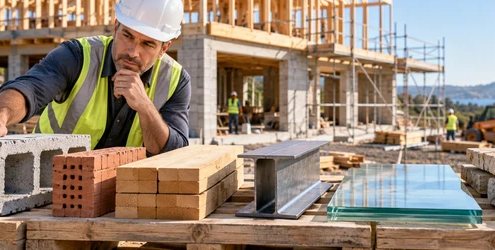 Site professional compares concrete block, brick, timber, steel, glass and stone at a building site.