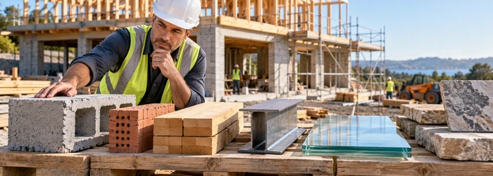Site professional compares concrete block, brick, timber, steel, glass and stone at a building site.