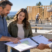 Landowner, lender, and contractor review a site plan, construction budget, and staged draw schedule beside a new home build