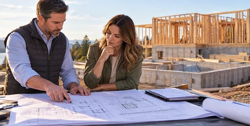 A prospective homebuilder and lender review construction plans and a project budget beside a residential foundation.