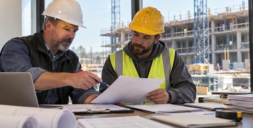 Contractor and subcontractor reviewing construction lien payment records at a jobsite