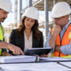 Project owner, contractor, and surety representative review a construction performance bond and contract documents at a jobsite