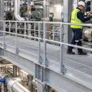 A maintenance technician inspects a valve from a guarded steel catwalk with grating beside industrial pipes.