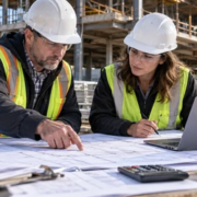 Construction estimator and project manager compare building plans, trade quotes, and a cost breakdown worksheet at an active site