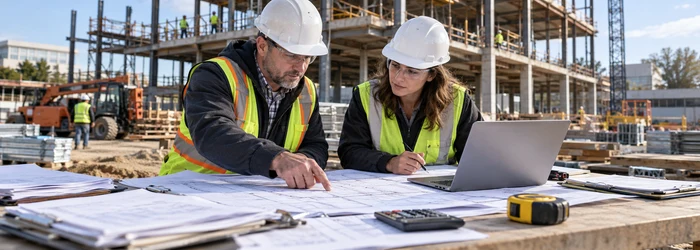 Construction estimator and project manager compare building plans, trade quotes, and a cost breakdown worksheet at an active site