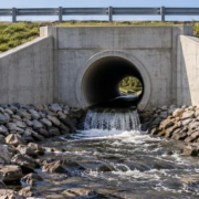 Concrete culvert headwall and wing walls directing water into a stone-lined channel as a civil engineer checks the outlet.