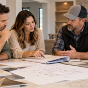 Homebuyer and builder reviewing a new home price proposal and plans