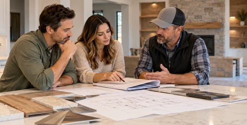 Homebuyer and builder reviewing a new home price proposal and plans