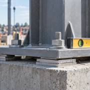 Engineer checks a steel column baseplate leveled on shim plates above a concrete pedestal.