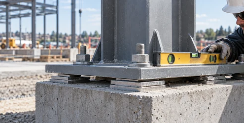 Engineer checks a steel column baseplate leveled on shim plates above a concrete pedestal.