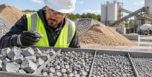 Materials technician checks graded crushed stone samples at an aggregate supply yard.