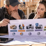 A contractor and bookkeeper review direct job costs, company overhead, and profit categories against plans for a residential build.