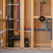 Open bathroom wall framing reveals a supported plumbing drain stack and hot and cold water lines.