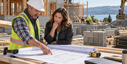 Construction contractor explaining labor, equipment and material cost drivers to a client