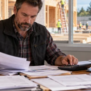 Construction business owner reviewing indirect operating expenses and project plans