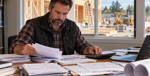 Construction business owner reviewing indirect operating expenses and project plans