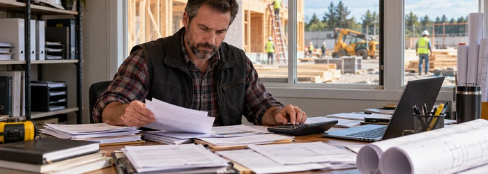 Construction business owner reviewing indirect operating expenses and project plans