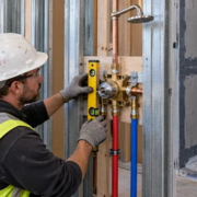 A plumber levels a shower mixing valve rough-in and checks the hot and cold supply connections before the bathroom wall is closed.