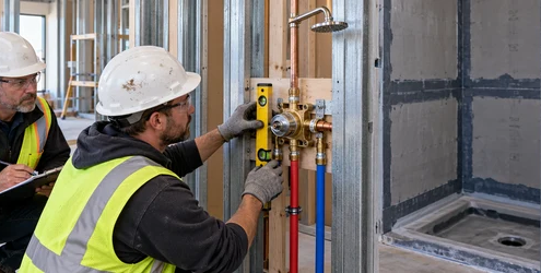 A plumber levels a shower mixing valve rough-in and checks the hot and cold supply connections before the bathroom wall is closed.