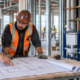 A project manager and plumber review water supply, drainage, and fixture scopes beside a commercial plumbing installation.