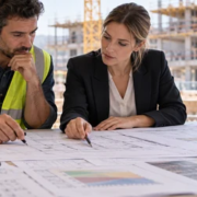 Architect and construction estimator reviewing development drawings and project quantities