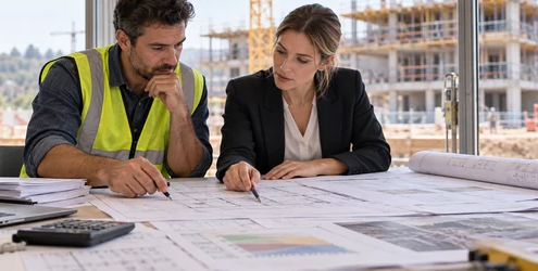 Architect and construction estimator reviewing development drawings and project quantities