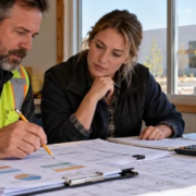 Construction estimator reviewing project costs and revenue with a business owner