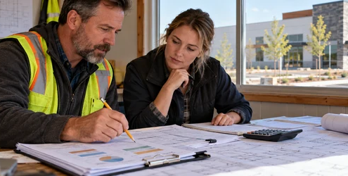 Construction estimator reviewing project costs and revenue with a business owner