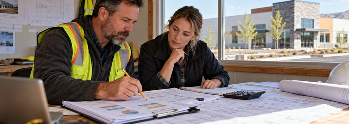 Construction estimator reviewing project costs and revenue with a business owner