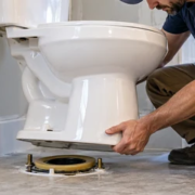 Plumber aligning a new toilet over the floor flange and seal with the water shutoff and supply line accessible.