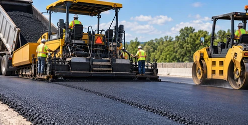 Asphalt paver spreads hot mix asphalt while a road roller compacts the new pavement lane.