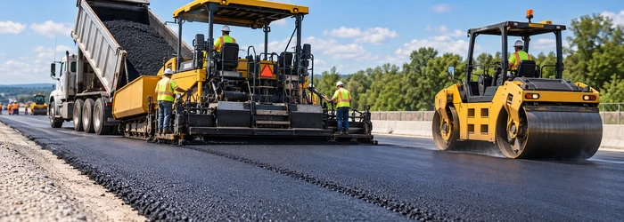 Asphalt paver spreads hot mix asphalt while a road roller compacts the new pavement lane.