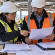 Subcontractor and general contractor review a construction preliminary notice, invoice, and project records at an active commercial jobsite