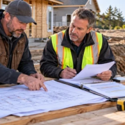 Homeowner, contractor, and estimator review a construction contingency reserve and unexpected rocky soil condition at a building site