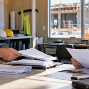 A subcontractor and general contractor compare a formal notice with contract and invoice records in a construction site office.