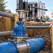 A water-main tapping machine connects to a sleeve and valve on a blue water main in a shored trench.