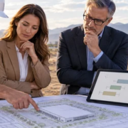 An estimator, architect, and owner review a preliminary concept plan and rough cost range for a proposed commercial building.