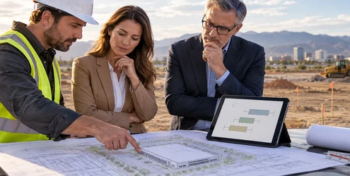 An estimator, architect, and owner review a preliminary concept plan and rough cost range for a proposed commercial building.