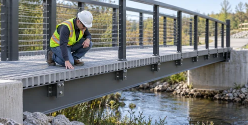 Engineer inspects the fiber-reinforced composite deck panel of a pedestrian bridge.