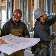 A site supervisor reviews service drawings with electrical, plumbing, and HVAC tradespeople beside exposed conduit, water lines, and ductwork in an unfinished building.