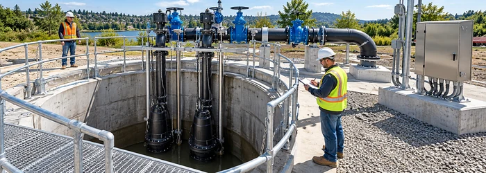 A civil engineer inspects pumps, guide rails, discharge valves and controls at a concrete wastewater lift station wet well.