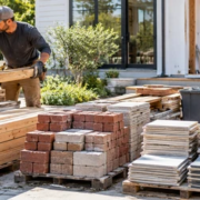 Worker sorts reusable lumber, bricks, tile, and metal from leftover construction materials at a renovation site.