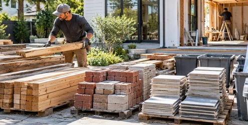 Worker sorts reusable lumber, bricks, tile, and metal from leftover construction materials at a renovation site.