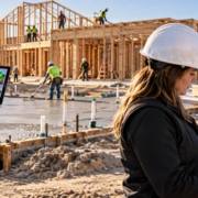 A lender inspector verifies construction milestones while a site administrator checks a staged construction loan draw request.