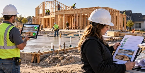 A lender inspector verifies construction milestones while a site administrator checks a staged construction loan draw request.