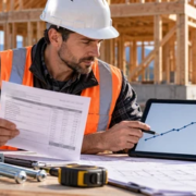 Construction estimator comparing a CPI trend chart with dated building material quotes at a residential jobsite