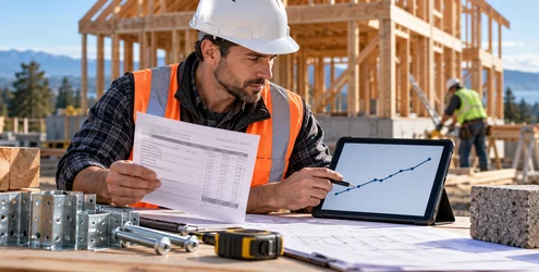 Construction estimator comparing a CPI trend chart with dated building material quotes at a residential jobsite