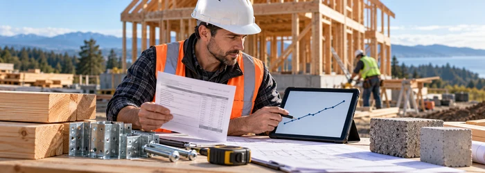 Construction estimator comparing a CPI trend chart with dated building material quotes at a residential jobsite