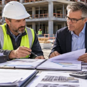 Contractor and surety professional assess bonding capacity using financial records, current backlog, project experience, and a bid package at a commercial construction site